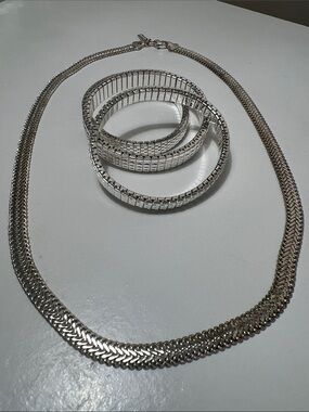 Napier Shiny Silver-Tone Braided Necklace with Bangles - Bracelets - Vintage